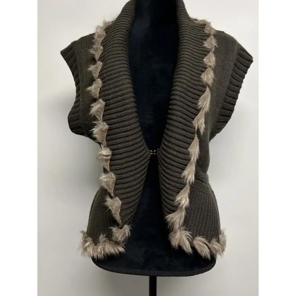 Y2K Style Cache Sweater Green Women's Large Knit Faux Fur Trim Forest Fairy Boho